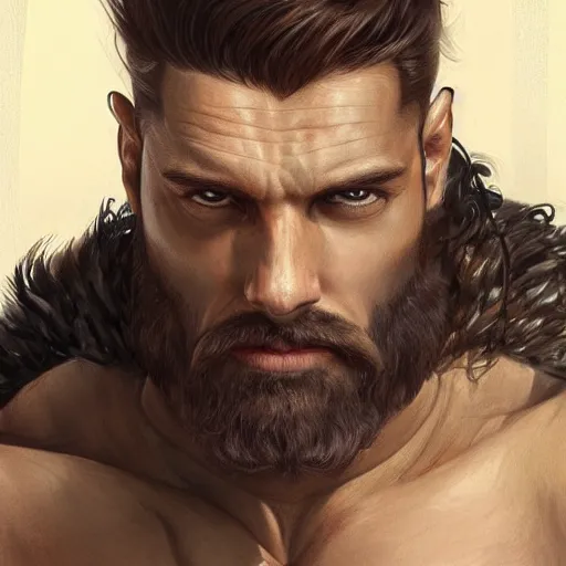 Image similar to Portrait of muscular man with stubble beard wearing a black leather jacket, upper body, intricate, wild, highly detailed, digital painting, artstation, concept art, smooth, sharp focus, illustration, art by artgerm and greg rutkowski and alphonse mucha