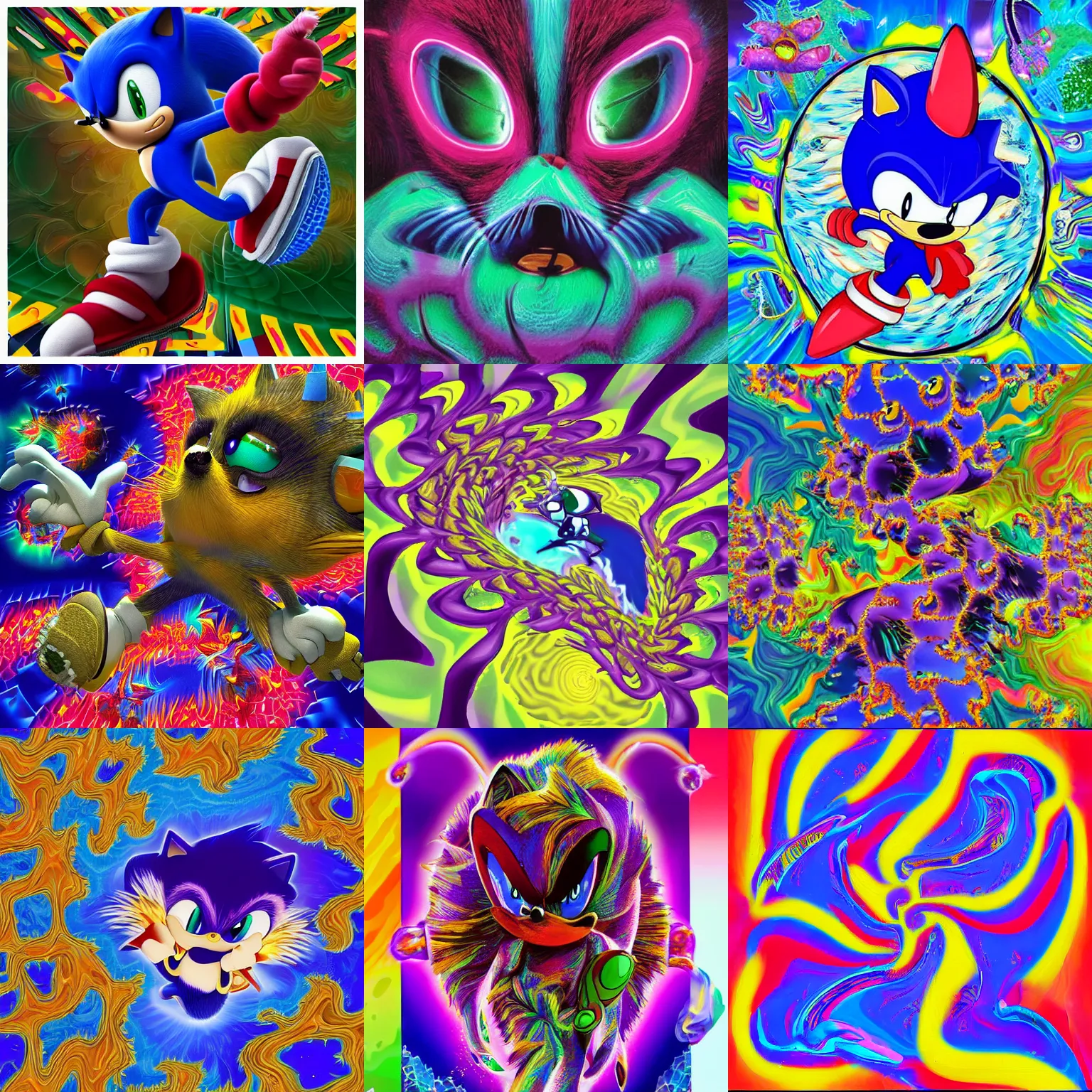 Prompt: sonic hedgehog portrait in the shape of a surreal hopalong fractal, detailed professional, high quality portrait sonic airbrush art tame impala album cover portrait of a liquid dissolving LSD DMT sonic the hedgehog surfing through cyberspace, purple checkerboard background, 1990s 1992 Sega Genesis video game album cover