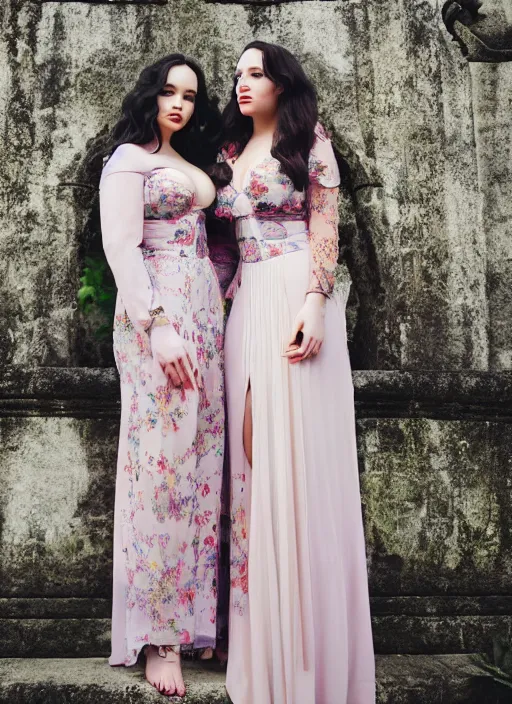 Image similar to portrait of demi rose and kat dennings wearing kebaya in bali, by charlotte grimm, natural light, detailed face, beautiful features, symmetrical, canon eos c 3 0 0, ƒ 1. 8, 3 5 mm, 8 k, medium - format print, half body shot