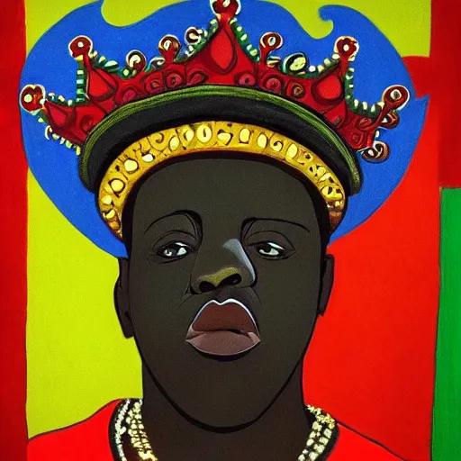 Image similar to a single biggie smalls, notorius B.I.G, wearing a crown, portrait, medium shot, symmetrical face and body, single face, single nose, single mouth, accurate, hyperdetailed, intricate detail, insanely detailed and intricate, in the style of Henri Matisse, edge to edge, solid color background intricate, highly detailed, smooth, sharp focus, detailed face and body, high contrast