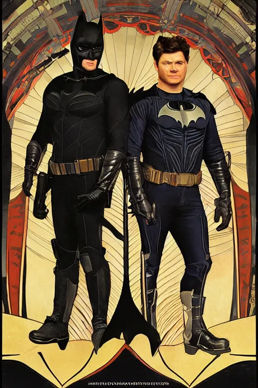 Prompt: a detailed matte portrait of jensen ackles and misha collins dressed as the adam west batman and robin, masterpiece, 8 k, art by alphonse mucha and greg rutkowski