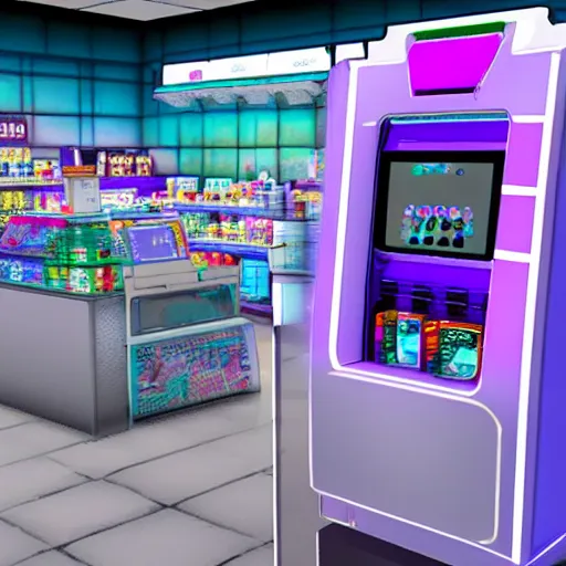 Image similar to vaporwave breakable convenience store robo - cashier