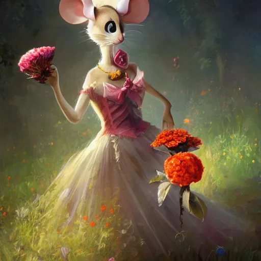 Image similar to an anthropomorphic mouse girl wearing a ball gown and holding a flower, garden, summer, 8k resolution matte fantasy painting, cinematic lighting, DeviantArt, Artstation, Jason Felix Steve Argyle Tyler Jacobson Peter Mohrbacher