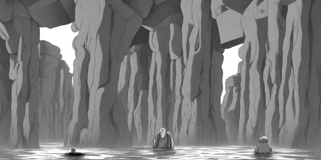 Prompt: a realistic cell - shaded studio ghibli concept art from paprika ( 2 0 0 6 ) of a flying intelligent dull grey mechanical octopus from close encounters of the third kind ( 1 9 7 7 ) in a flooded monument valley stonehenge. a monk in a grey robe is meditating in the foreground. very dull colors, wide shot, hd, 4 k, hq