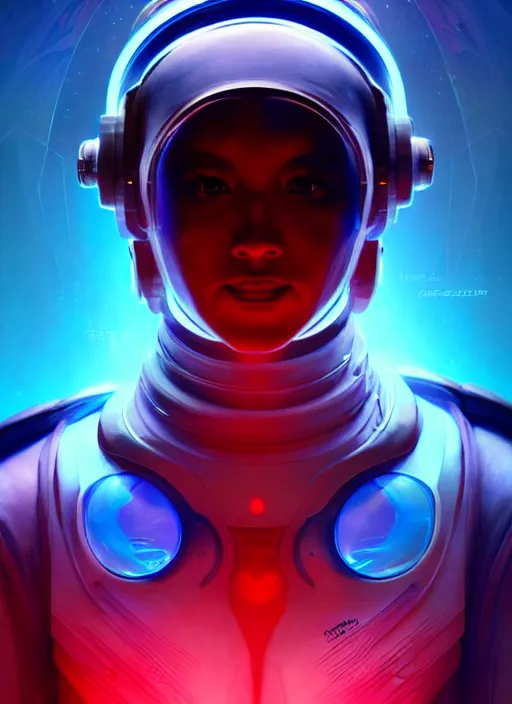 Image similar to full perspective of a futuristic cyber astronaut, sci fi, glowing aura, volumetric lights, red and cyan theme, art nouveau alien botanicals, intricate, highly detailed, digital painting, artstation, concept art, smooth, sharp focus, cinematic, illustration, beautiful face, art by artgerm and greg rutkowski and alphonse mucha