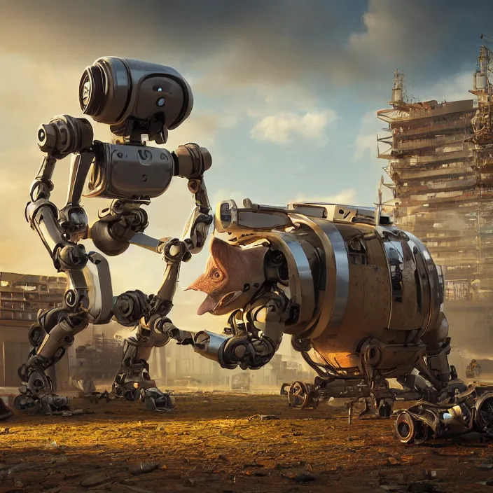 Prompt: crew of robot workers building giant pig, octane render, 4 k ultra hd, hyper - detailed, realistic, seedy lighting, sharp focus, in style of beeple gediminas pranckevicius