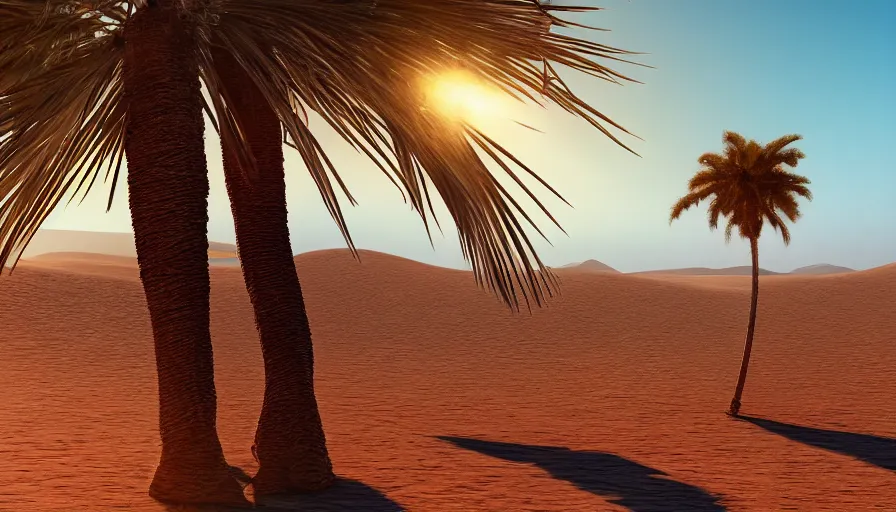 Prompt: A single palm tree in the middle of a desert under a bright sun, hyperdetailed, artstation, cgsociety, 8k
