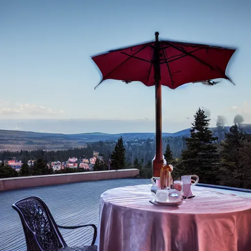 Image similar to a delicious coffee, a great view, dramatic colored lighting, mysterious ambiance : : gregory crewdson photo style : : nikon d 8 1 0, ƒ / 2. 5, focal length : 8 5. 0 mm, exposure time : 1 / 8 0 0, iso : 2 0 0