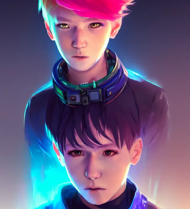 Image similar to character concept art of a cute young cyberpunk boy with colorful hair and collar | | cute - fine - face, pretty face, key visual, realistic shaded perfect face, fine details by stanley artgerm lau, wlop, rossdraws, james jean, andrei riabovitchev, marc simonetti, and sakimichan, trending on artstation
