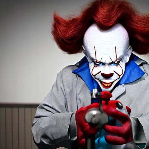 Image similar to dr pennywise wirking in the emergency room, using a stethoscope, wearing doctor clothes, dramatic