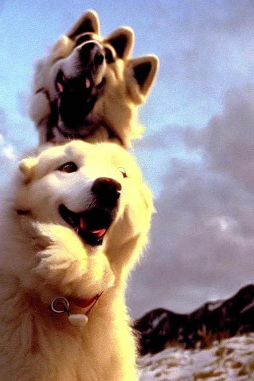 Image similar to heroic samoyed, wes anderson film screenshot