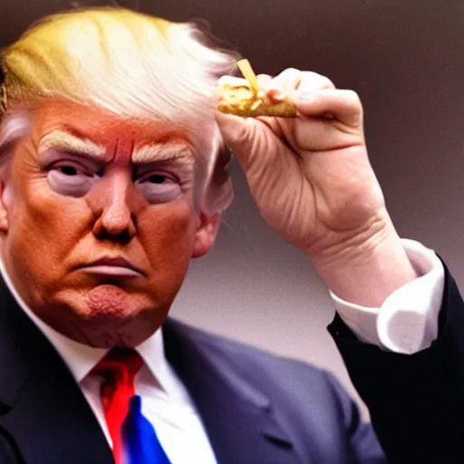 Prompt: donald trump eating peanut butter with his hands, cctv footage