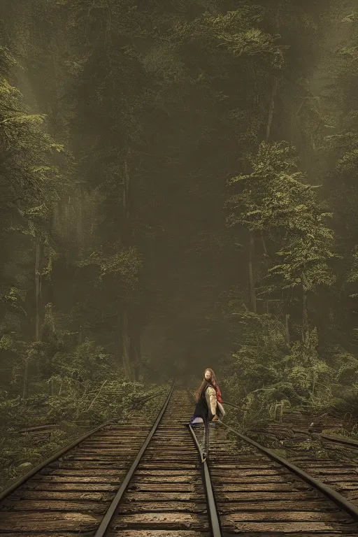 Image similar to Girl standing on the left at the old train station looking forward to the train, old train heading to station with lights on, dense creepy forest with a lot of detail, the tracks covered with vegetation, 50mm photo, highly detailed, hyper realistic, matte painting, 4k, 8k resolution, trending on artstation, octane render, unreal engine, cinematic