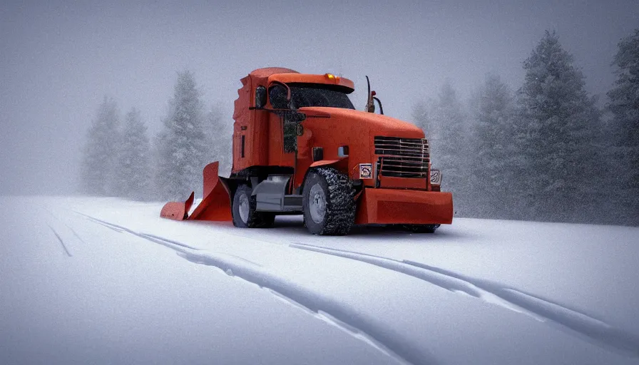 Prompt: A Snowplow!! clearing a beautiful snowy landscape. A blizzard and heavy snow falls. Fog and mist, highly detailed, concept art, digital art, 4k, high snow