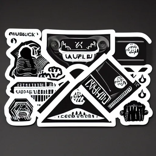 Prompt: black on white graphic design stickers in style of david rudnick, eric hu, guccimaze, acid, y 2 k, 4 k sharpening,