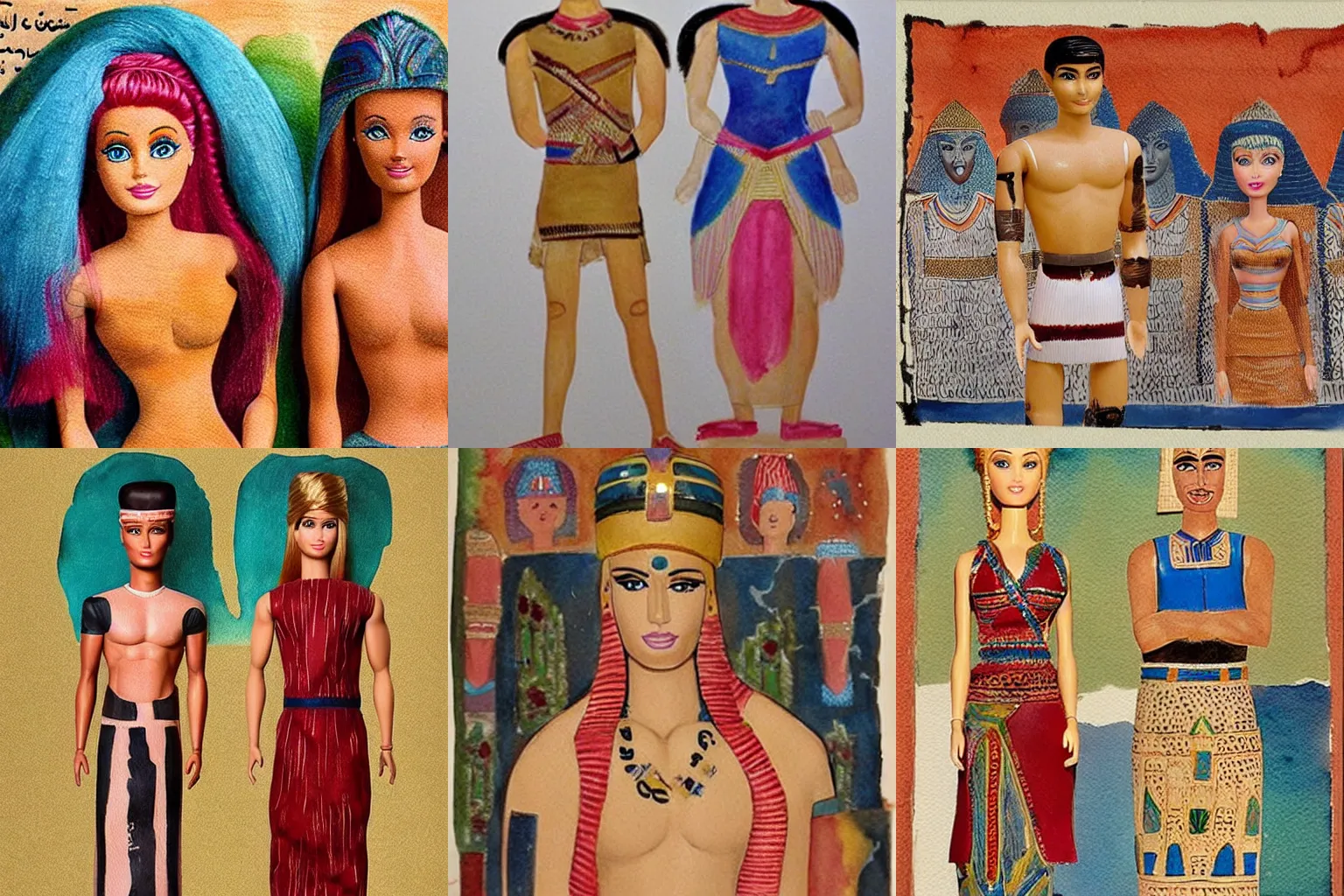 Prompt: Barbie or Ken doll, realistic, watercolor and ink, art in the style of Mesopotamia 3000 to 4000 BCE and Protoliterate period, art by Yahya ibn Mahmud al-Wasiti and Firyal Al-Adhamy