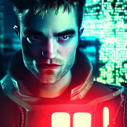 Image similar to robert pattinson portrait, Cyberpunk 2077, cyberpsycho, photorealistic, ultra detailed, neon, octane, bokeh, cyber, cyberpunk city, feature, scars, cyberface, 8k