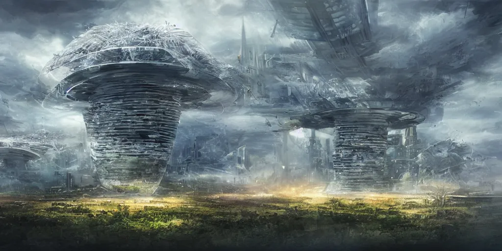 Prompt: future forest city attacked by spaceship, concept art, tornado, war,