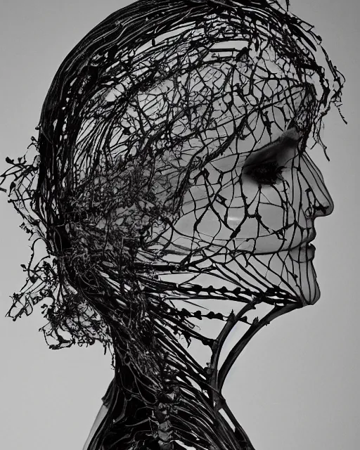 Prompt: a woman's face in profile, wearing a space helmet made of intricate delicate seaweed skeleton, in the style of the dutch masters and gregory crewdson, dark and moody