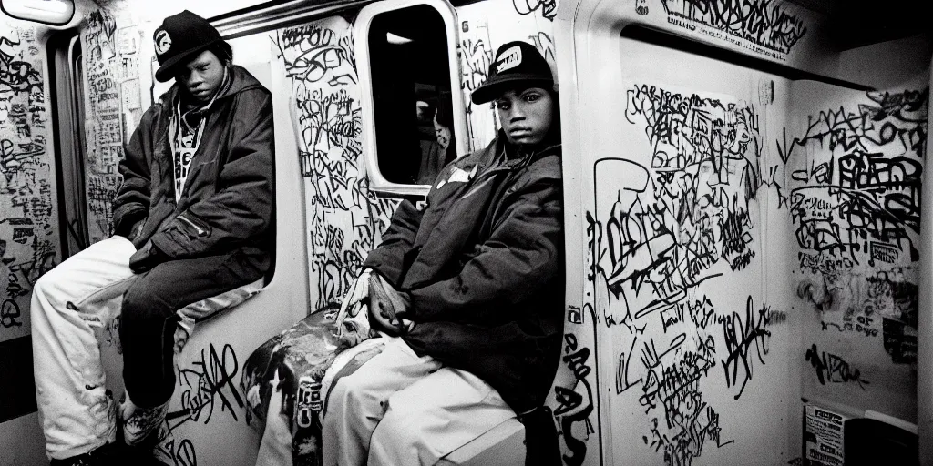 Image similar to subway cabin inside all in graffiti, man in carhartt jacket closeup writing graffiti, night, film photography, exposed b & w photography, christopher morris photography, bruce davidson photography