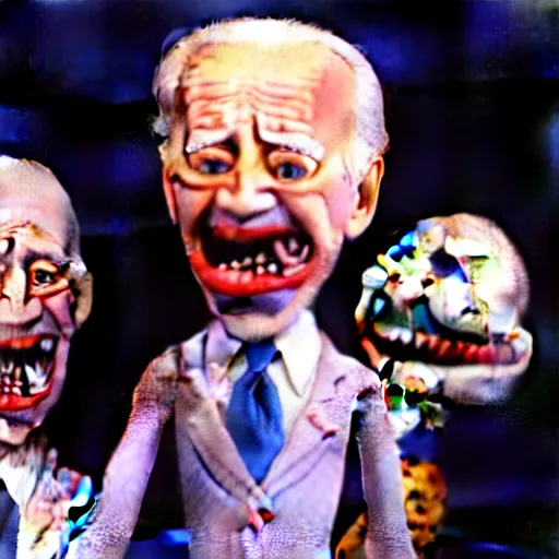 Image similar to claymation joe biden insatiable hunger for ice cream by jan svankmajer, hyperrealistic, very detailed, tim burton, 3 5 mm film still, gothic, horror, eldritch