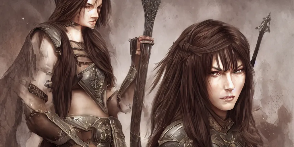 Image similar to 2 5 years old women : : dark straight hair : : brown medieval cloting, light armor, natural materials : : high detail, digital art, illustration, realistic, rpg, fantasy