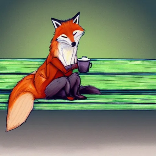 Prompt: furry artwork of female fox sitting on a park bench enjoying a coffee, sunny day, furry art, furry, furaffinity, deviantart furry, anthro,