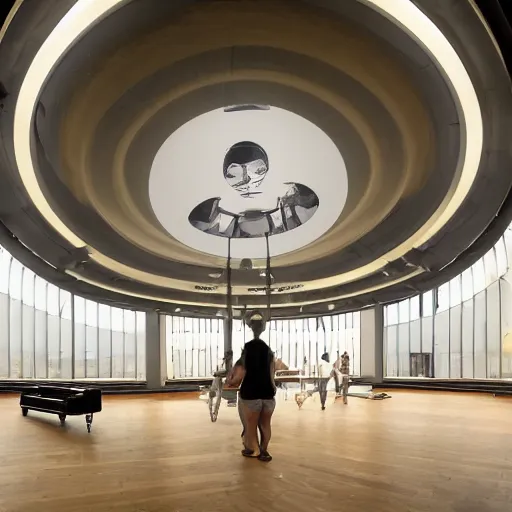 Prompt: a large scale public art installation. big mirror floor reflect piano on center and single big suspended sphere with projected space visuals on it inside giant and dark venue.