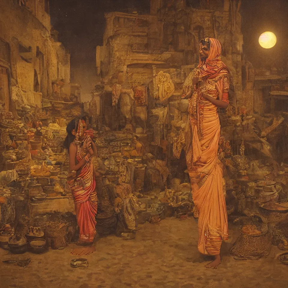 Image similar to young indian woman standing in a spice market at night by the ocean with the moon above, masterful intricate artwork, high detail 8 k