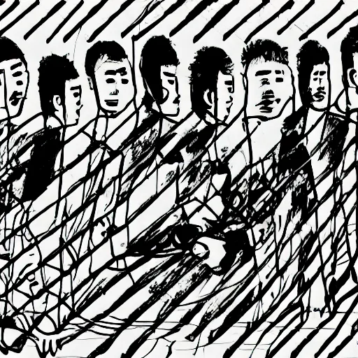 Prompt: chinese men in a prison, organ harvesting, in the style of daniel johnston and outsider art, 4k, minimal, line brush