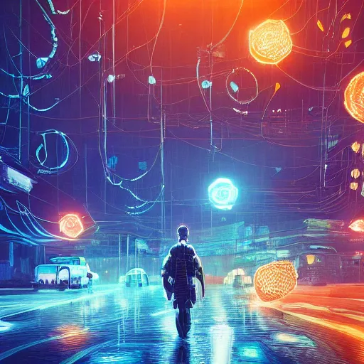 Prompt: many mechanical jellyfishes floating in the street at night after the rain, a mountain in the distance, surreal, cyberpunk, psychedelic, highly detailed, digital art, blade runner 2 0 4 9, 8 k