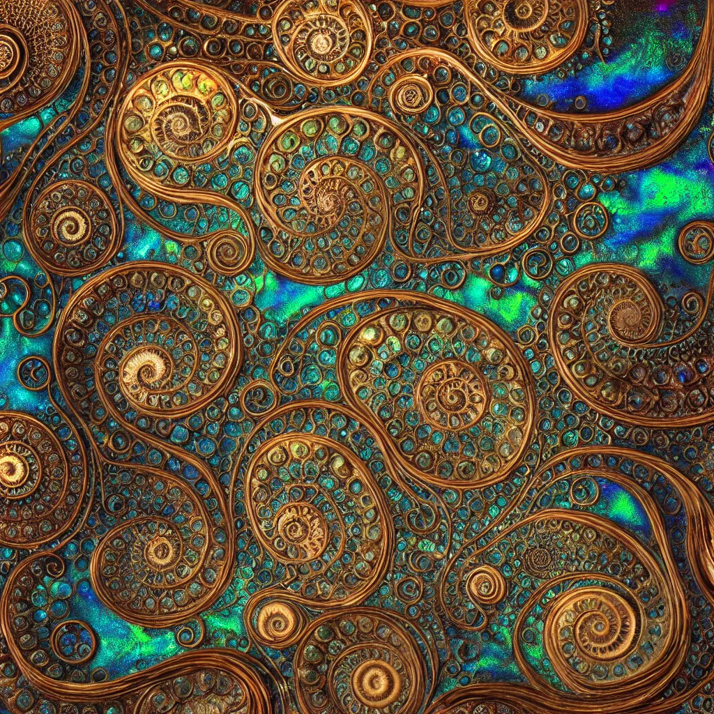 Prompt: bubbles in cresting oil slick waves, ammonites, abalone, ornate art nouveau patina copper ornament, rococo, organic rippling spirals, photorealistic octane render, iridescent glass art forms from nature by ernst haeckel