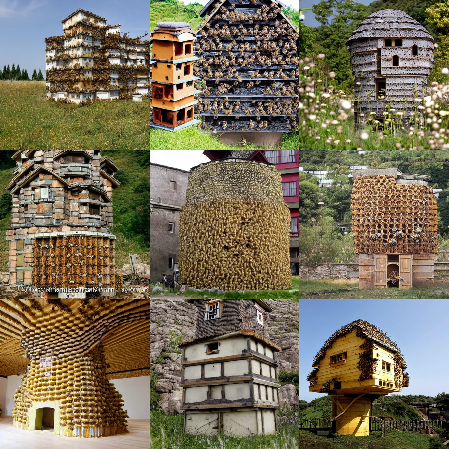 Prompt: a beehive castle inhabited by bees, bees, hayao myiazaki