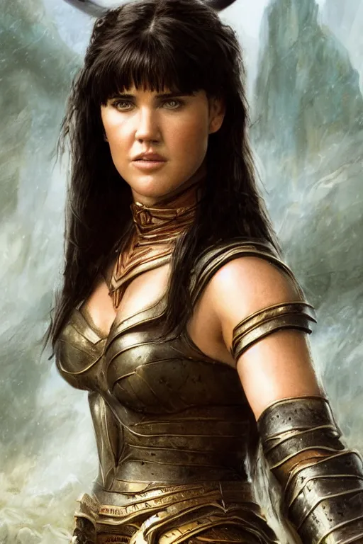 Prompt: portrait of Young Jennifer Connelly as Xena warrior princess , face portrait, raphael lacoste, eddie mendoza, alex ross, concept art, matte painting, highly detailed, rule of thirds, dynamic lighting, cinematic, detailed, denoised, centred