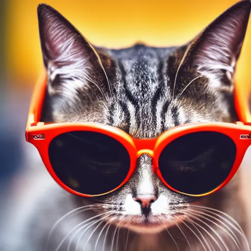 Prompt: closeup photo of a though cat with aviator glasses in time square, bokeh, dslr, high resolution, 8 k