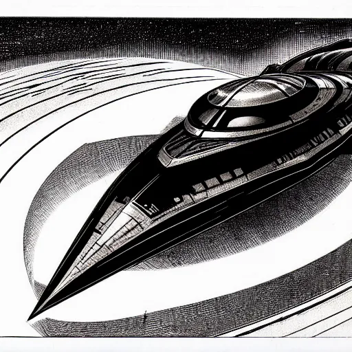 Prompt: a black and white les edwards art deco style sci - fi space ship, ink drawing, smooth, sharp focus, vibrant volumetric natural light, dark enlightenment, nigredo, 3 0 s.