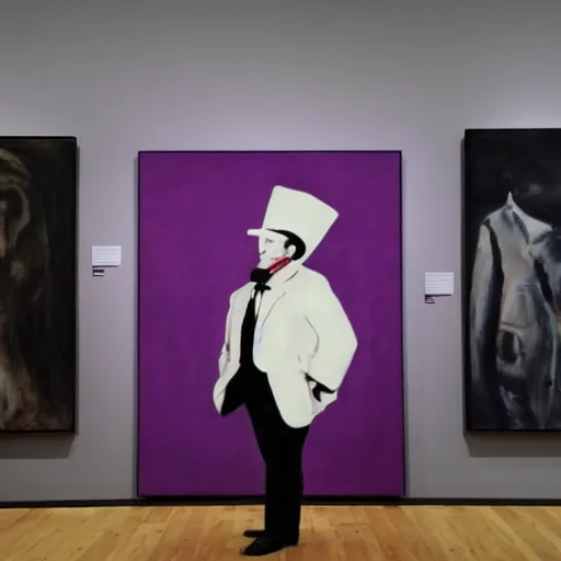 Image similar to in an art gallery, there is a huge painting of an elephant by marlene dumas. a man in a top hat and a suit is looking up at the painting. cgsociety, surrealism, surrealist, dystopian art, purple color scheme