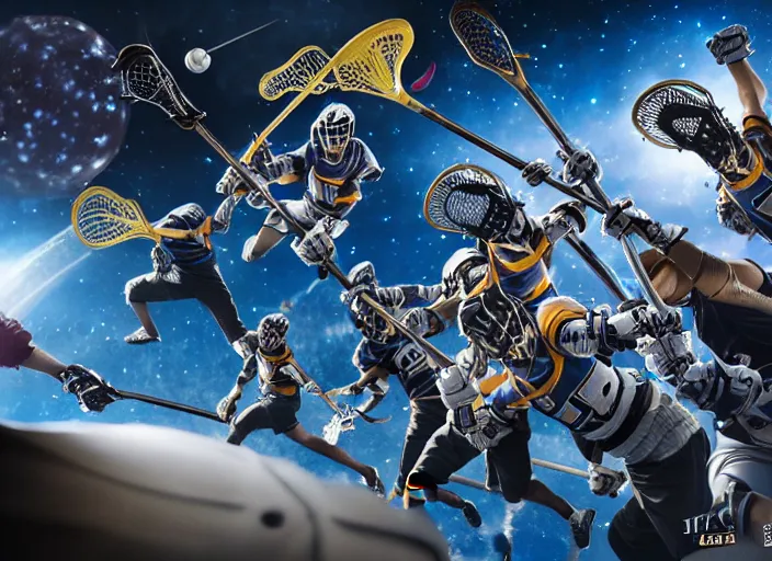 Prompt: lacrosse team versus chitauri, playing intergalactic championship, in space, highly detailed, 8k, intricate, sony a7r iv 55mm, award winning.