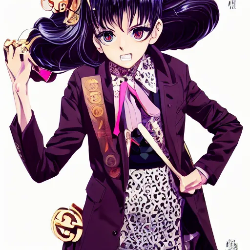 Image similar to Magazine Cover Anime key visual of a Gucci girl; official media; typography; drawn by Hirohiko Araki; Jojo's Bizarre Adventure; Jojolion, portrait, made by Stanley Artgerm Lau, WLOP, Rossdraws, James Jean, Andrei Riabovitchev, Marc Simonetti, Yoshitaka Amano, ArtStation