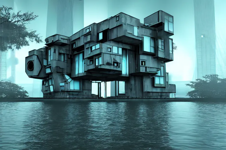 Prompt: distorted cyberpunk house in the lake, artwork by bauhaus, 4 k, 3 d ar vr art, metaverse concept art