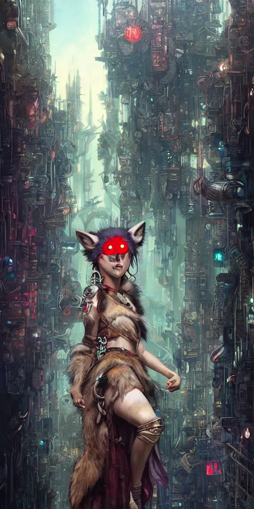 Image similar to hyper realistic Princess Mononoke in her mask, busy cyberpunk metropolis, city landscape, wolves, magic, castle, jewels, style of tom bagshaw, mucha, james gurney, norman rockwell, denoised, sharp