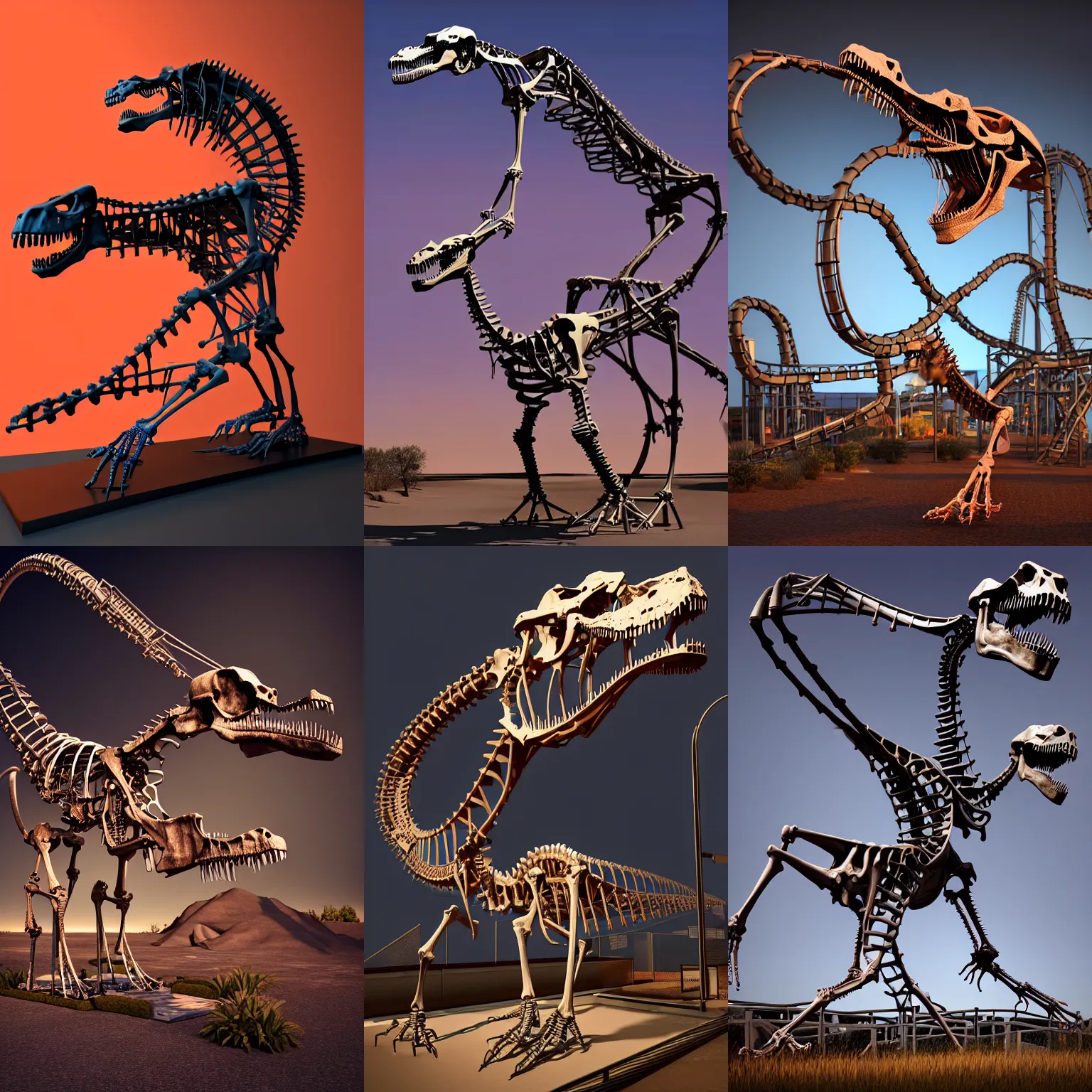 Prompt: Simple bionic exploded drawing dinosaur skeleton sculpture made from rollercoaster, with big chrome tubes, chains organs, by david lachapelle, by angus mckie, by rhads, in a dark empty black studio hollow, c4d, at night, rimlight, rimight, rimlight, c4d, blender donut tutorial, octane, by jonathan ivy