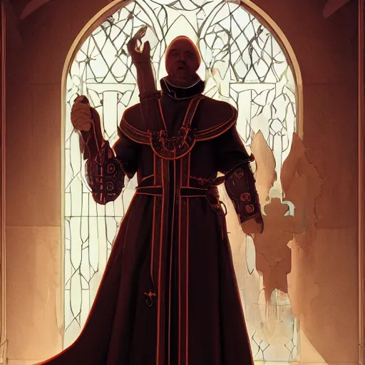 Prompt: an extremely illustration of a tiefling christian cleric, tiefling from d & d, fantasy, dressed in mithril plate armor that looks like a catholic priest's cassock, 4 k, artstation, holy, god rays, detailed, realistic, by alphonse mucha and greg rutkowski