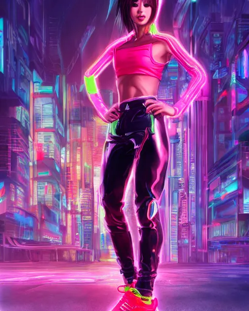 Image similar to a full body illustration of an Asian female cyberpunk character wearing tight neon leather pants and tennis shoes, highly detailed, oil on canvas, soft lighting, neon pastel colors, by Glenn Fabry, HD, 4K