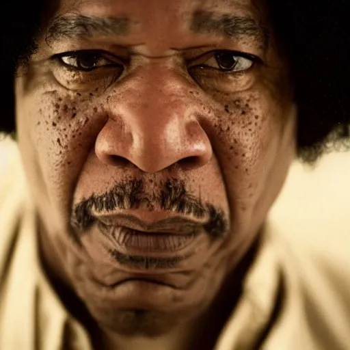 Image similar to a cinematic film still of Morgan Freeman starring as Jimi Hendrix, portrait, 40mm lens, shallow depth of field, close up, split lighting, cinematic