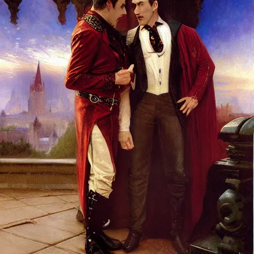 Image similar to attractive male, arthur pendragon confesses his love to attractive male dracula the vampire. highly detailed painting by gaston bussiere, craig mullins, j. c. leyendecker 8 k