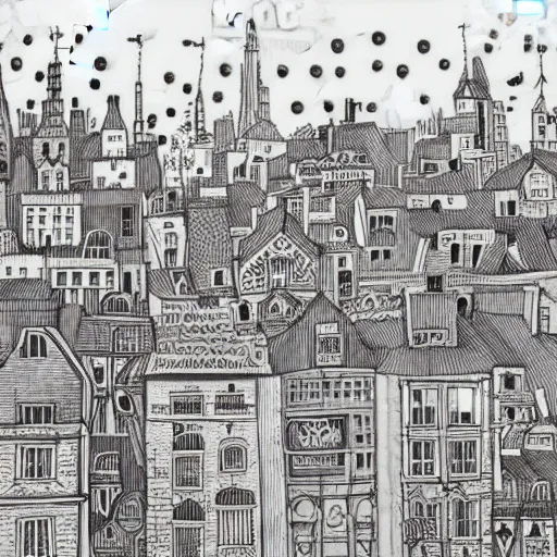 Prompt: a black and white drawing of a city, a storybook illustration by mattias adolfsson, behance contest winner, modern european ink painting, matte drawing, storybook illustration, panoramic, cityscape, minimalist