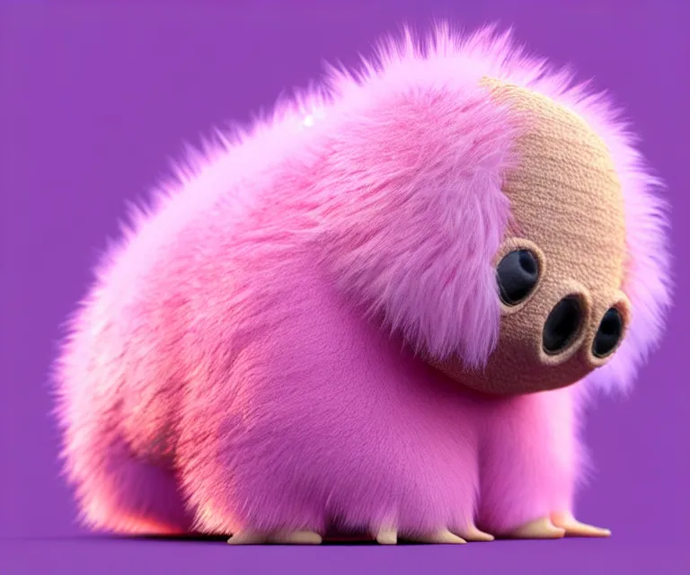 Image similar to high quality 3 d render hyperrealist very cute small tardiradiant, plush mascot, long spiky fluffy smooth hair, photo from the side, pink fluffy fur, vray, smooth background, artstation, ultra detailed