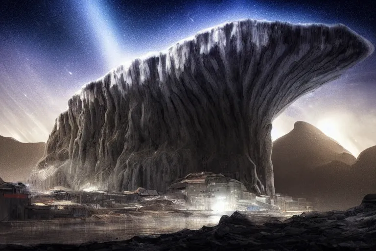 Image similar to favela spaceship cave tornado, snowy arctic environment, industrial factory, cliffs, peaks, bright, milky way, award winning art, epic dreamlike fantasy landscape, ultra realistic,