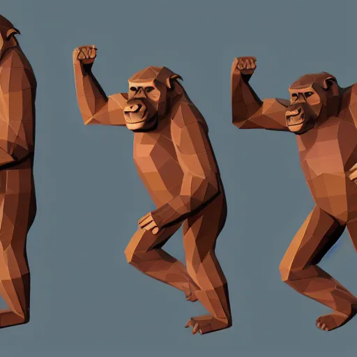 Prompt: gorillas without legs playing a game of tag in low poly video game. one of them has a lava texture